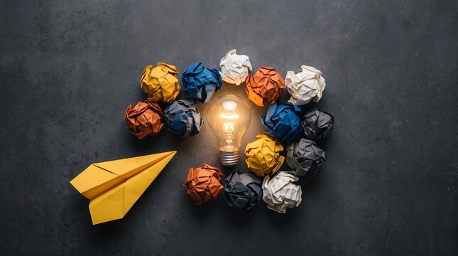 Glowing Light Bulb Surrounded by Colorful Crumpled Paper with Yellow Airplane Representing Idea Generation