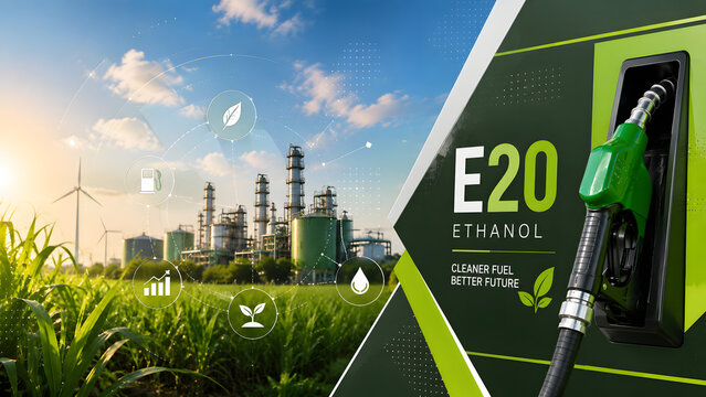 Ethanol E20 clean energy fuel pump with biofuel refinery and green fields background.
