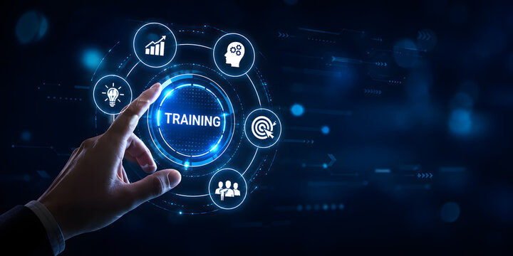 Finger touching digital interface screen with training text and skill development icons.