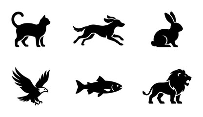 Fototapeta premium Silhouette Animal Icons Set: Cat, Dog, Rabbit, Eagle, Fish, Lion Vector Graphics for Wildlife and Pet Themes