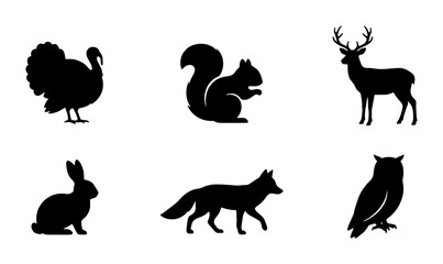 Fototapeta premium Forest Animal Silhouettes: Deer, Turkey, Squirrel, Fox, Rabbit, Owl Vector Icons, Wildlife Graphics, Nature Icons, Black and White Woodland Creatures