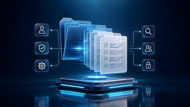 High speed digital document transfer from secure glowing folder representing enterprise cloud migration and database batch processing