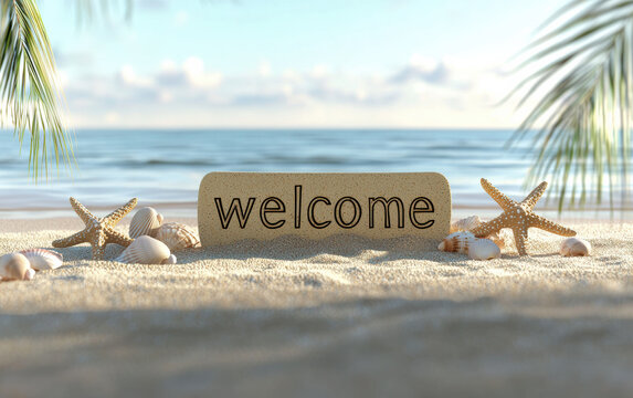Welcome golden sand sign on tropical beach with seashell, starfish, palm leaf, blue sea and sky, summer vacation, relaxation, warm sunlight