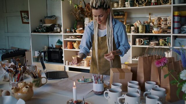 Potter decorates wrapped ceramic order before client delivery