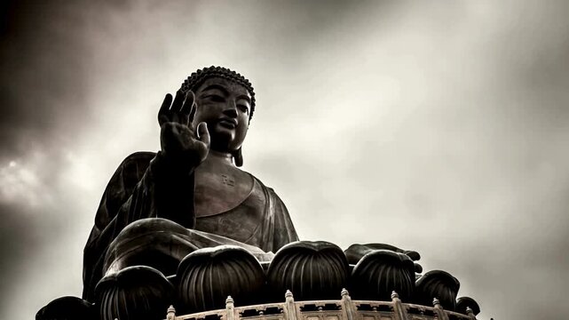 Tian tan big buddha statue with dramatic clouds moving in sky at ngong ping lantau island hong kong.
