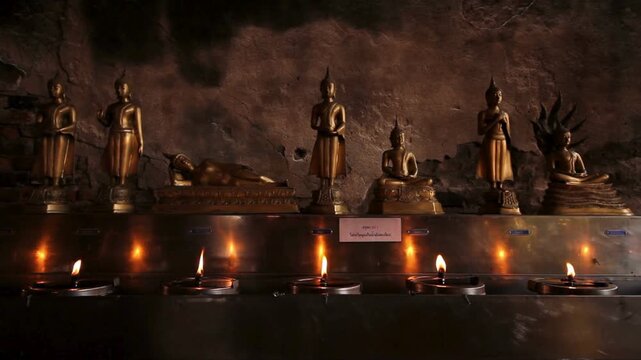 Row of golden buddha statues illuminated by flickering oil candles in dim temple lighting cinematic footage.