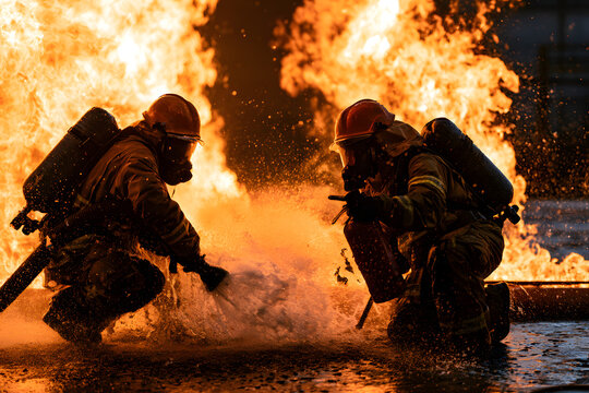 training for firefighters includes scenarios where personnel use water and extinguishers to tackle flames in emergencies. Under dangerous conditions, all firefighters must wear protective gear for saf