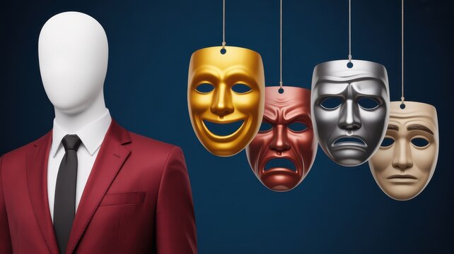 Mannequin wearing a suit with different emotion masks hanging in front of a dark blue background