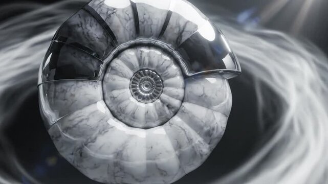 Marble ammonite fossil sculpture rotating in abstract smoke background