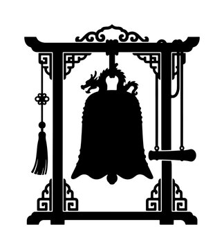 Ancient Chinese Dragon Bell Silhouette, Traditional Temple Gong Vector Art, Sacred Ceremony Sound Icon, Cultural Heritage Gong Illustration