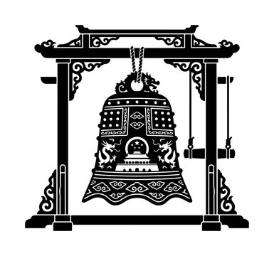 Ancient Chinese Bell Vector, Dragon Motif Temple Gong, Traditional Asian Culture Symbol, Black Silhouette Graphic Resource