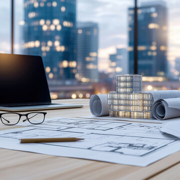 Modern architectural planning workspace with blueprint, building model, laptop, eyeglasses, and pencil on wooden desk, cityscape background