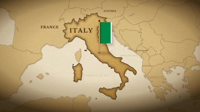 Italy Map Animation with Waving National Flag on Vintage European Atlas