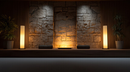 Obraz premium Minimalist fireplace area with stone wall, warm lighting, modern decor, potted plant, cozy atmosphere, contemporary style