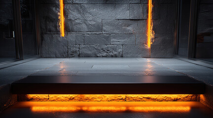 Fototapeta premium Minimalist fireplace area with glowing orange light, modern stone wall, sleek design, warm ambiance, contemporary interior style
