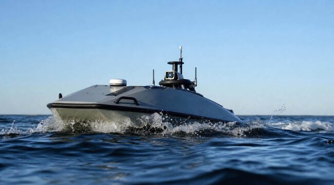 Unmanned autonomous surface vehicle navigating through open ocean waters.