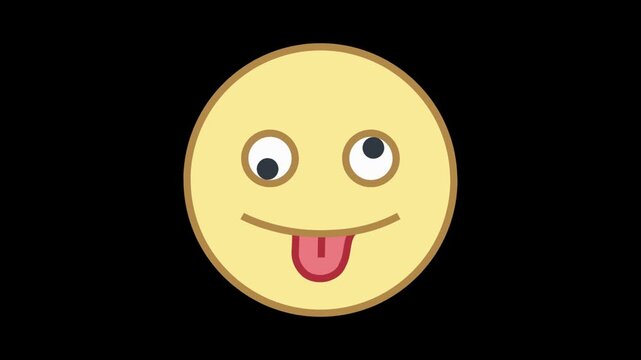 Animated goofy smiley face with rotating eyes and tongue sticking out on simple black background for social media reaction.
