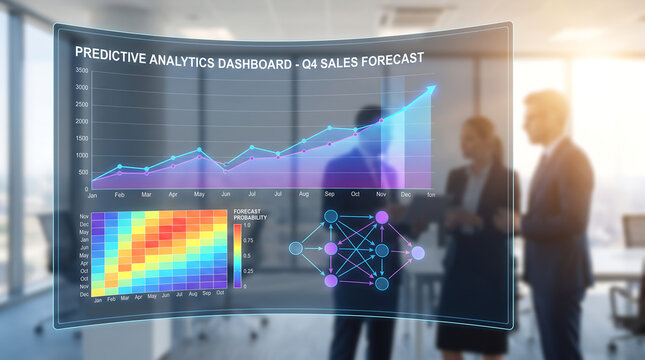 Future business tech interface displaying real-time enterprise analytics and predictive financial growth forecasts for corporate strategy teams