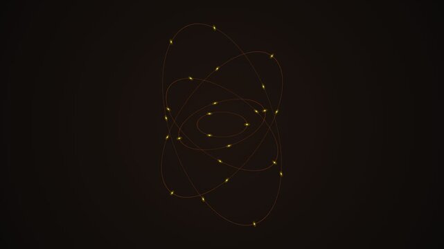 Abstract atom model with glowing golden electrons orbiting a nucleus in dark space background