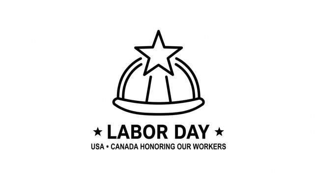 Minimalist black and white Labor Day logo with hard hat and star.