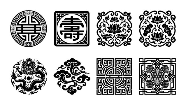 Traditional Chinese Decorative Elements, 8 Vector Icons Set: Dragon, Lotus, Shou Symbol, Geometric Patterns, Cultural Ornaments for Design