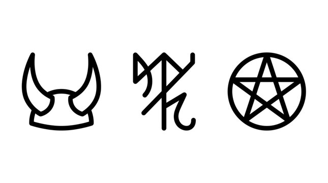 Occult and fantasy symbols featuring a horned helm ritual sigil pentagram esoteric mystical supernatural witchcraft mythology protection abstract minimalist spiritual mysterious