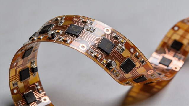 High-resolution professional stock photo of flexible printed circuit board FPCB with microchips and copper traces on neutral background.