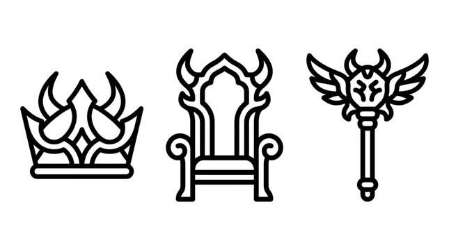 Fantasy game elements including a horned crown throne ornate scepter with adventure medieval authority artifact minimalist mystical roleplay sovereign
