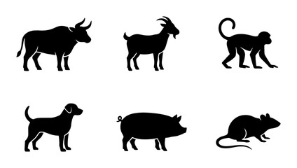 Obraz premium Chinese Zodiac Animals Silhouette Collection, Vector Icons for Astrology and Lunar New Year Celebrations, Black and White Farm and Wild Creatures