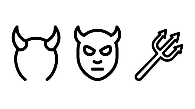Minimalist black line icons including demon horns a devil face a trident symbol mythology halloween supernatural minimalist illustration isolated background character silhouette