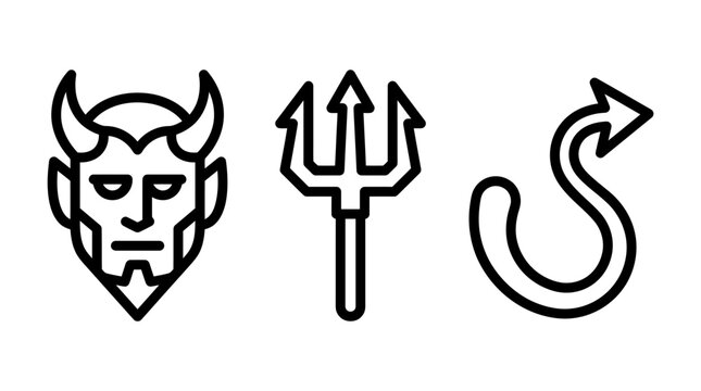 Gothic devil icon set comprising horned portrait trident twisted tail symbol for dark theme graphic design portrait illustration isolated supernatural creature mythology character