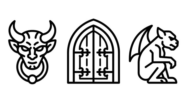 Gothic architecture elements icon set showing devil door knocker stone arched gate winged gargoyle figure gargoyle architecture illustration isolated supernatural creature mythology