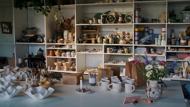 Packed ceramic orders stand on table inside pottery studio