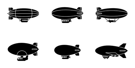 Set of Six Black Airship Icons, Vintage Blimp Silhouettes, Retro Zeppelin Graphics, Classic Aerostat Vector Illustrations for Aviation and Travel Themes © Anisur