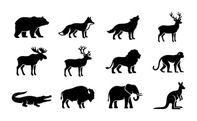 Fototapeta premium Diverse Wildlife Silhouettes Collection: 12 Iconic Animals, Vector Icons for Nature and Safari Themes, Black and White Graphic Elements