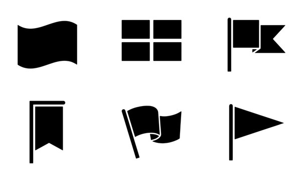 Set of 6 Black Flag Icons, Vector Graphics for Navigation, Location, and Signal Symbols. Simple, Modern, and Versatile Flag Illustrations.