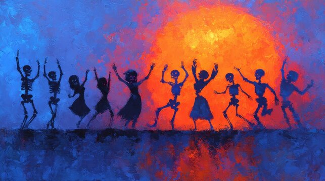 Skeletons dancing in a row under a glowing orange sun