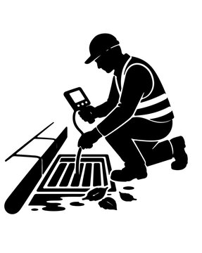 Worker inspecting storm drain grate with pipe camera sewer plumbing maintenance silhouette vector illustration