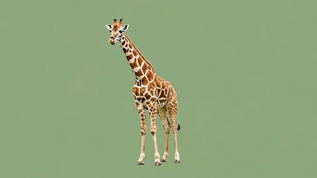A graceful giraffe standing tall against a solid muted green background