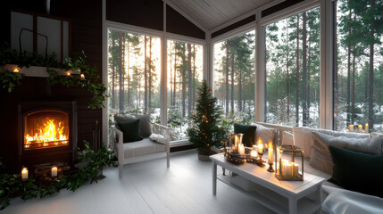 Fototapeta premium Cozy living room with fireplace, green plants, candles, white furniture, winter forest view, warm light, peaceful atmosphere