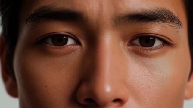 Closeup face portrait of young asian man with neutral expression on light background