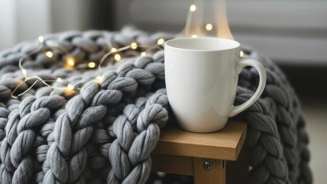 A white ceramic mug resting on a wooden stool wrapped in a chunky gray blanket
