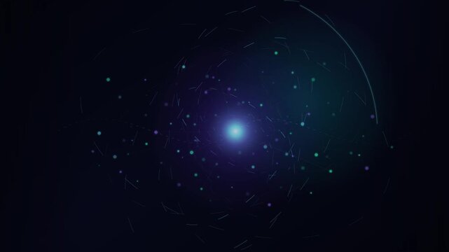 Abstract blue energy core with glowing particles, futuristic digital data sphere, cinematic motion background for sci-fi tech