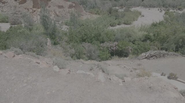 Handheld pan up from sandy ground revealing ancient mud brick kasbah ruins of Tinghir oasis Morocco