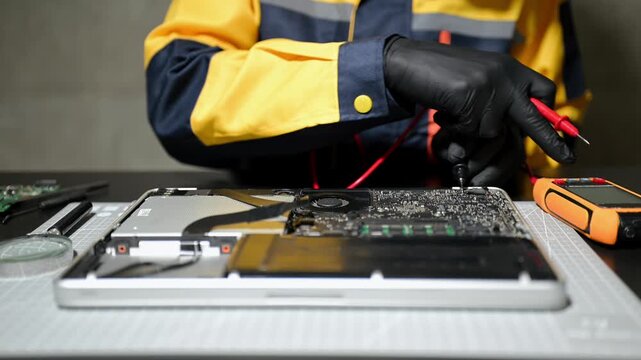Electronics technician, electronic engineering electronic repair, electronics measuring and testing, repair and maintenance concepts.uses a voltage meter to check and upgrade