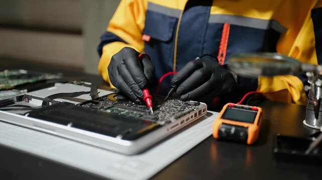 Electronics technician, electronic engineering electronic repair, electronics measuring and testing, repair and maintenance concepts.uses a voltage meter to check and upgrade