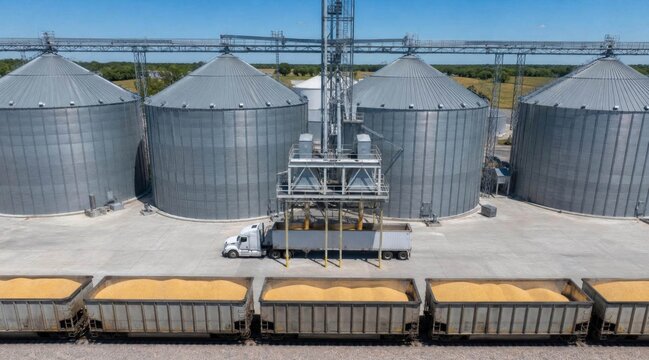 Aerial view of a grain storage facility with rail cars loaded with corn.