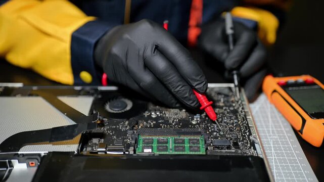 Electronics technician, electronic engineering electronic repair, electronics measuring and testing, repair and maintenance concepts.uses a voltage meter to check and upgrade