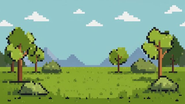 A beautiful 8 bit pixel art landscape featuring green trees and grass under a blue sky.