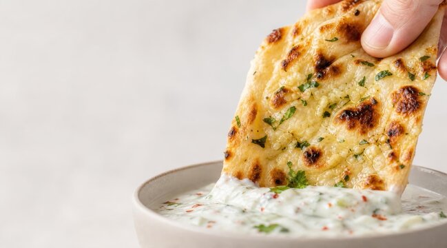 A hand dipping a piece of garlic naan bread into a bowl of creamy yogurt sauce.
